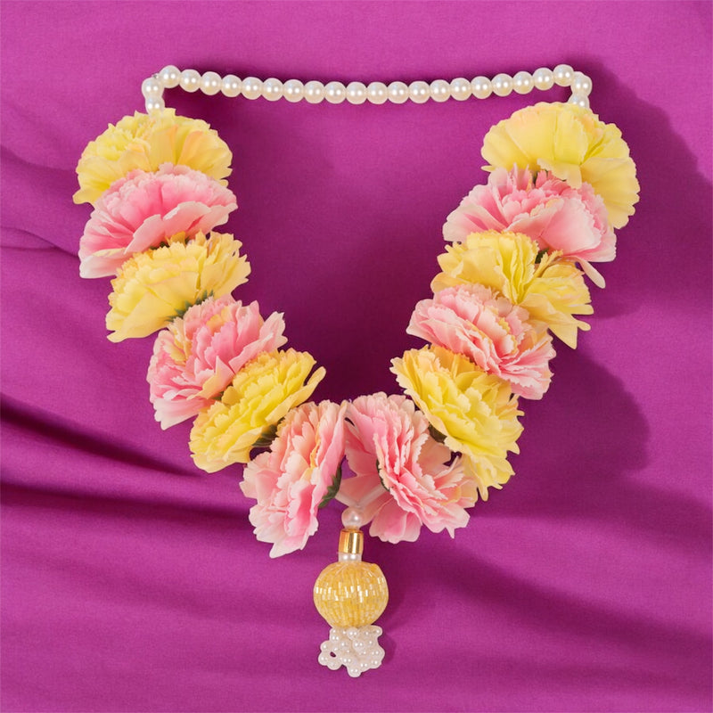 Floral necklace with pink and yellow flowers on a purple background