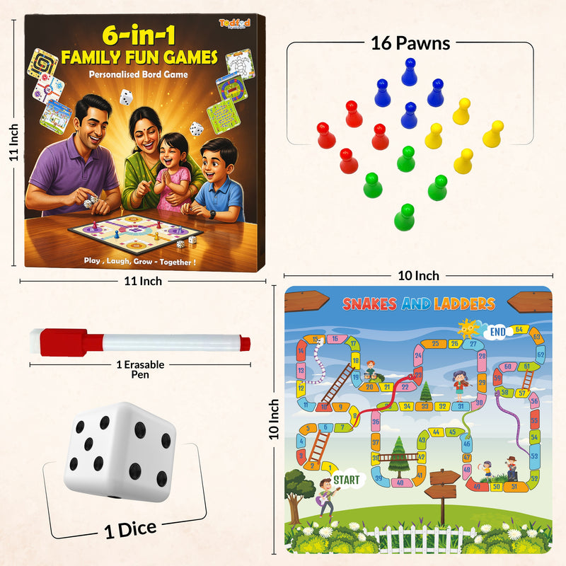 Todfod 6-in-1 Family Board Game Set for Kids & Adults | Ludo, Snakes & Ladders, Cricket, Football, Car Race & Dash Guti | Wooden Educational Board Game
