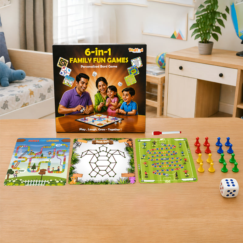 Todfod 6-in-1 Family Board Game Set for Kids & Adults | Ludo, Snakes & Ladders, Cricket, Football, Car Race & Dash Guti | Wooden Educational Board Game