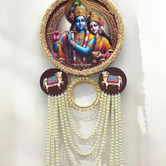 Smaran Radhe Krishna Wall Hanging Latkan for Home Decorations Traditional Handmade White Gloden Beads, Bell and Pom Pom Door/Wall Hanging for Home