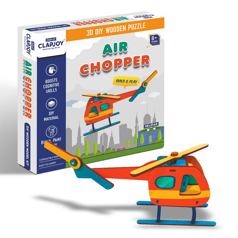 3D DIY Wooden Puzzle Air Chopper Kit for Kids 8+ Years | Build, Paint & Play Educational Wooden Model Craft Set with 34 Pieces, Water Colour Pens & Tempera Colours