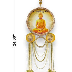 Decorative wall hanging with Buddha image and measurements on a white background