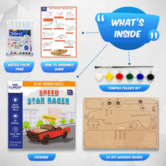 3D DIY Wooden Puzzle Speed Star Racer Car Kit for Kids | Build, Paint & Play Creative Wooden Model Making Kit with Water Color Pens, Tempera Paints & Brush | Educational STEM Craft Activity Toy | Age 8+