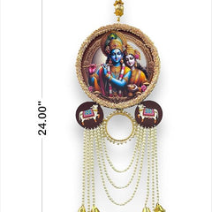 Decorative wall hanging with神像and beaded strings on a white background