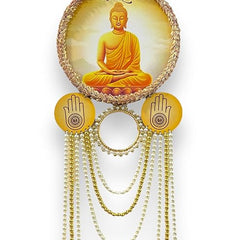 Decorative wall hanging with Buddha image and hand symbols on a white background