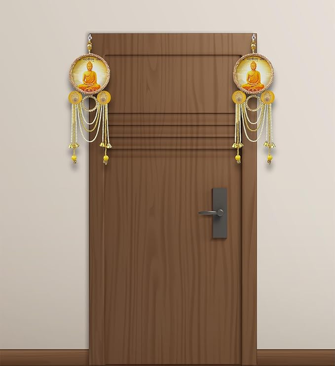 Decorative door hanging with Buddha image on a wooden door.