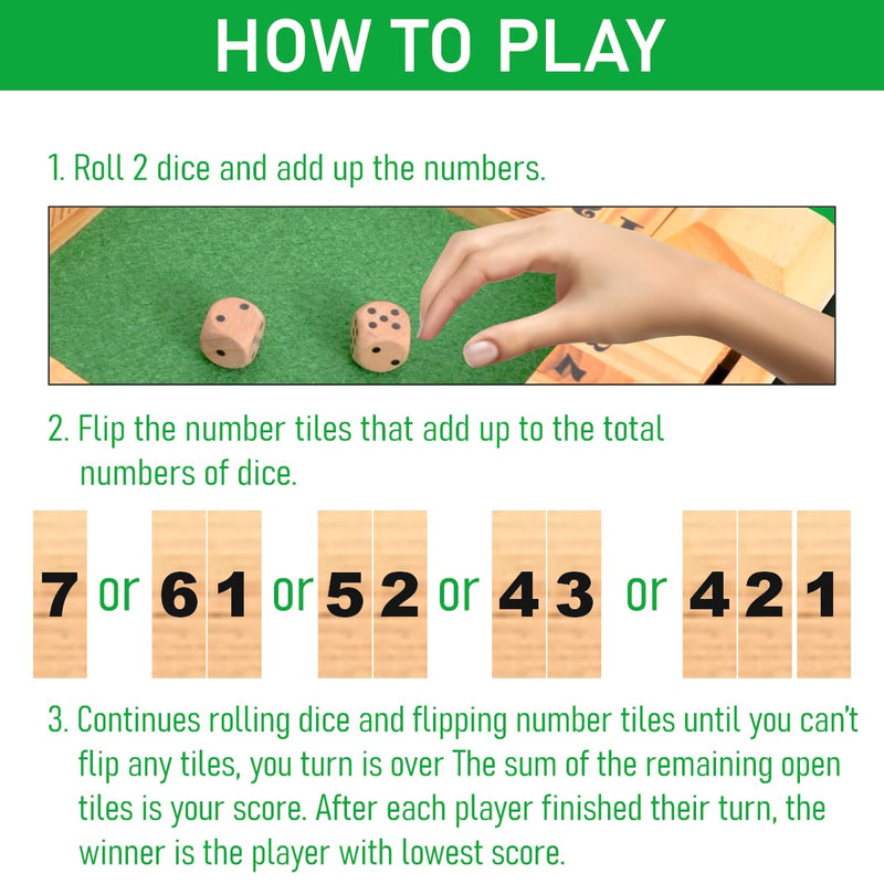Clapjoy Shut The Box Wooden Dice Board Game for Kids & Family | Pinewood Number Strategy Game with Felt Board, 2 Pairs of Dice & Number Tiles | Educational Indoor Game