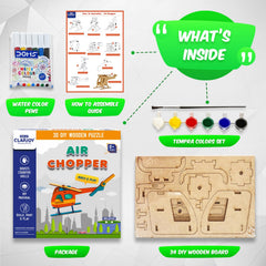 3D DIY Wooden Puzzle Air Chopper Kit for Kids 8+ Years | Build, Paint & Play Educational Wooden Model Craft Set with 34 Pieces, Water Colour Pens & Tempera Colours