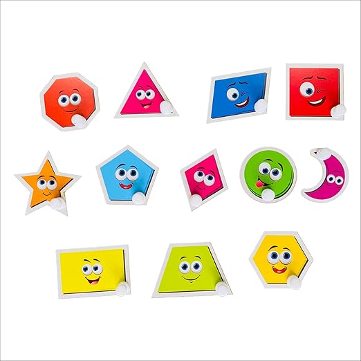 Set of colorful geometric shape toys with smiling faces on a white background