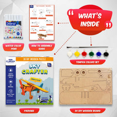 Sky Crafter 3D DIY Wooden Airplane Puzzle for Kids | Build, Paint & Play Wooden Model Kit with 34 Wooden Pieces, 6 Watercolor Pens, Tempera Colors & Paint Brush | Creative STEM Activity