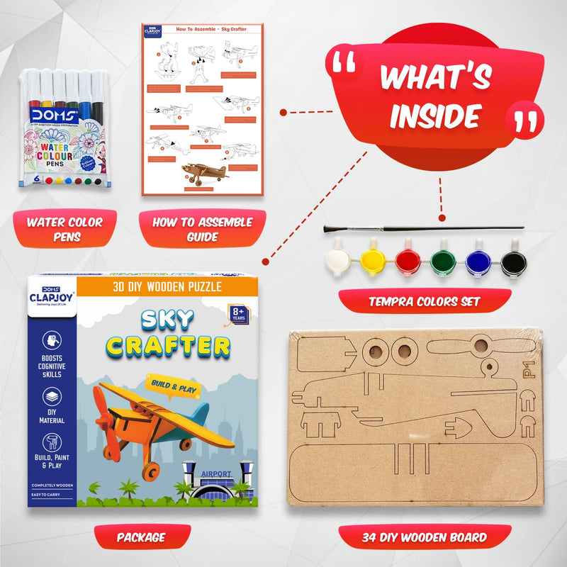 Sky Crafter 3D DIY Wooden Airplane Puzzle for Kids | Build, Paint & Play Wooden Model Kit with 34 Wooden Pieces, 6 Watercolor Pens, Tempera Colors & Paint Brush | Creative STEM Activity