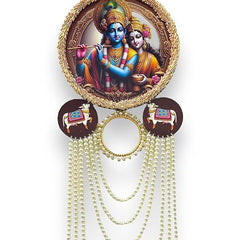 Decorative wall hanging with religious figures and beads on a white background