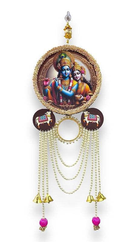 Decorative wall hanging with religious figures and beads on a white background
