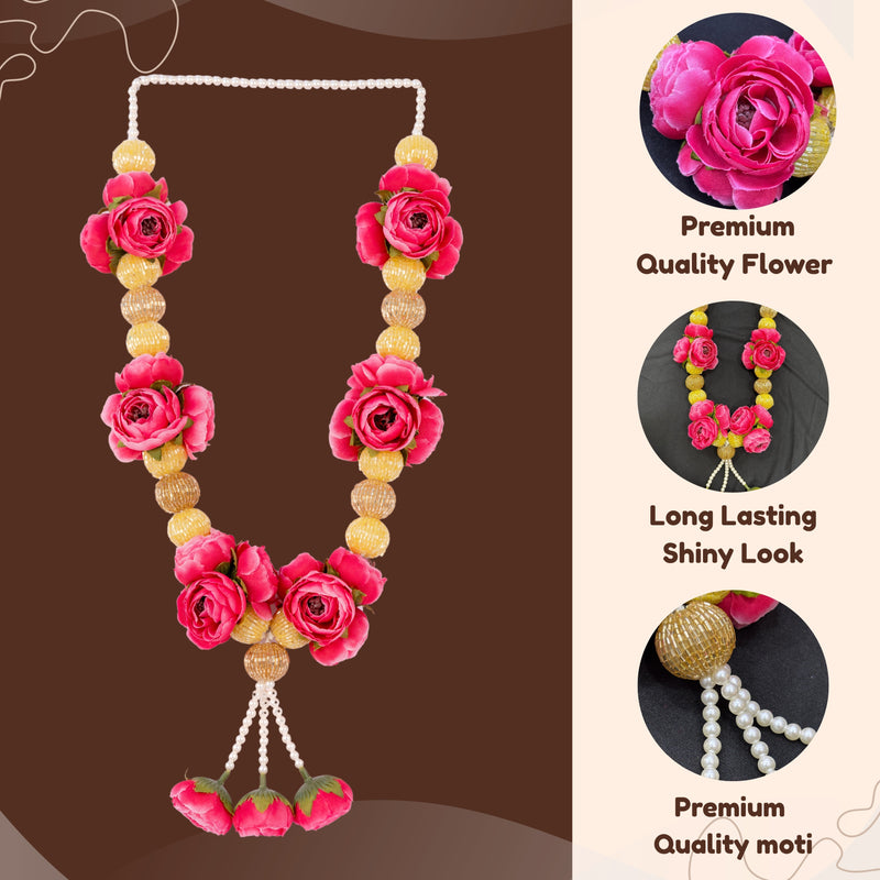 Floral necklace with pink flowers and yellow beads on a brown background