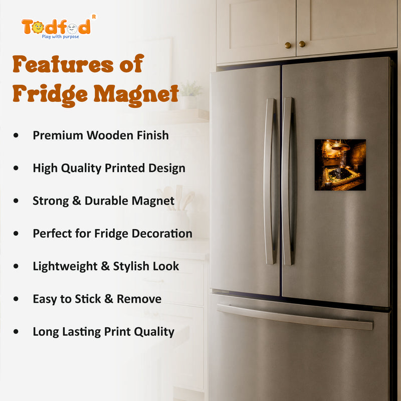 Smaran Kedarnath Jyotirlinga Wooden Fridge Magnet | Sacred Shivling Shrine Interior with Golden Lamp | 3x3 Inch Spiritual Refrigerator Decor for Home Kitchen & Gift