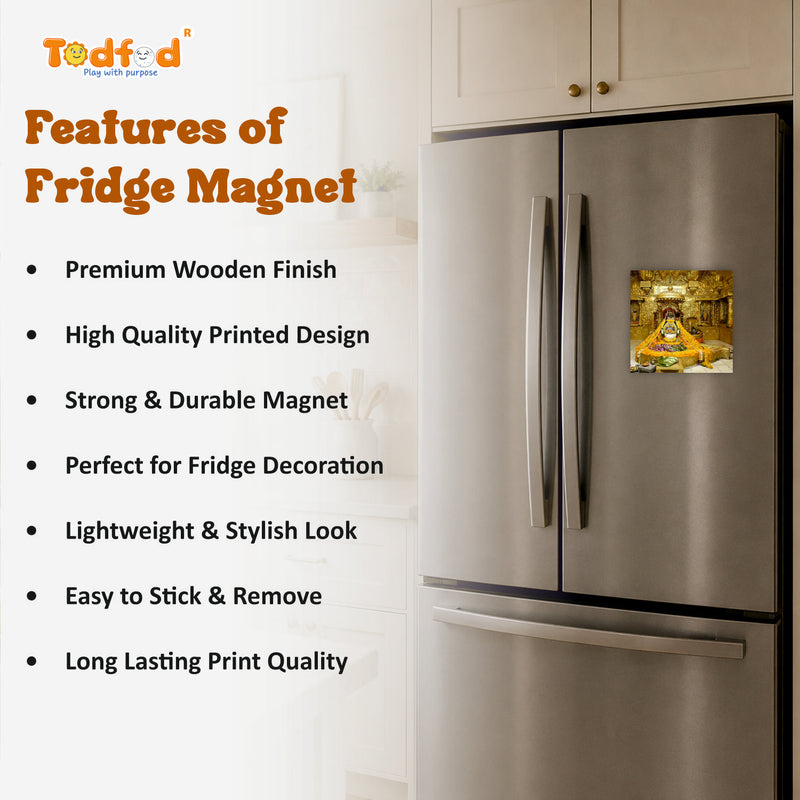 Smaran Somnath Jyotirlinga Wooden Fridge Magnet | Sacred Deity Shrine Interior with Orange Garlands & Golden Base | 3x3 Inch Spiritual Refrigerator Decor for Home Kitchen & Gift