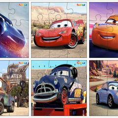 Set of six Disney Cars puzzles featuring different characters and scenes.