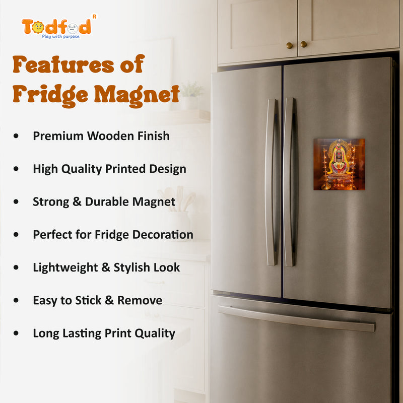 Smaran Rameshwaram Jyotirlinga Wooden Fridge Magnet | Sacred Deity Shrine Interior with Traditional Oil Lamps | 3x3 Inch Spiritual Refrigerator Decor for Home Kitchen & Gift