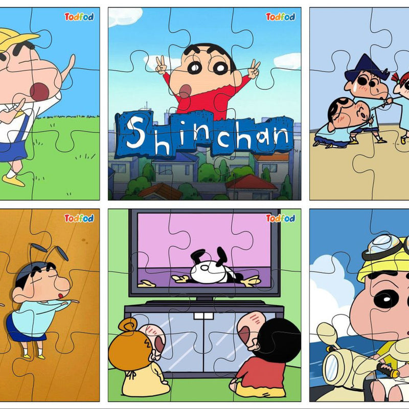 Set of six cartoon puzzles featuring characters from the 'Shinchan' series.