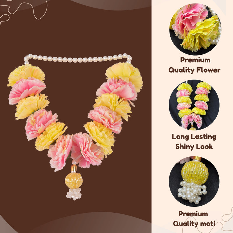 Floral necklace with pink and yellow flowers on a brown background