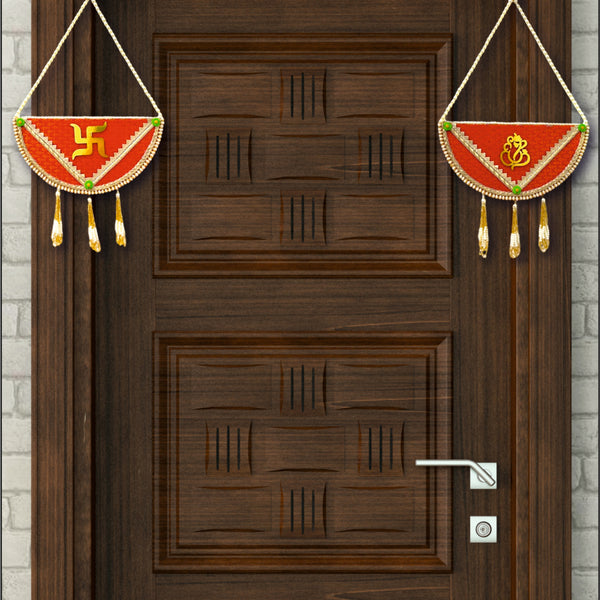 Smaran Half Moon Shubh Labh Toran with Beads | Handmade Traditional Decorative Hanging with Green & Gold Accents for Main Door, Wall, Pooja Room, Mandir, Festivals, Weddings