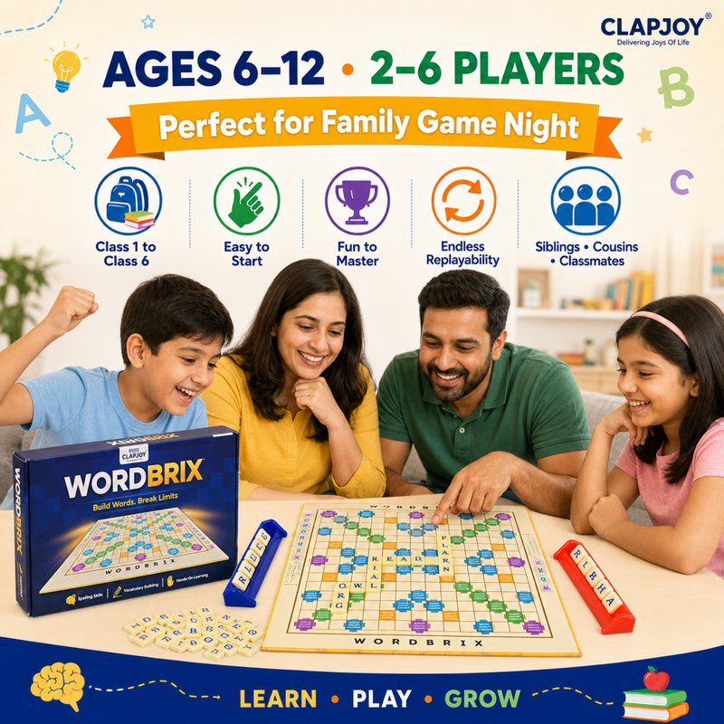 Clapjoy Wordbrix Word Building Board Game for Kids Ages 6-12 | 3-in-1 English Learning Game | Spelling, Vocabulary & Sentence Making | 100 Letter Tiles | 2-6 Players