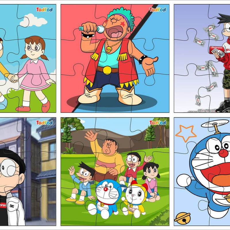 Set of six cartoon character puzzles with colorful backgrounds