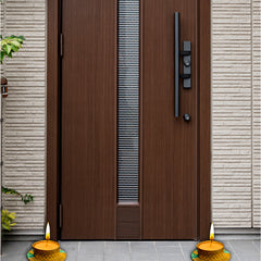 Modern wooden door with decorative lamps on a tiled pavement