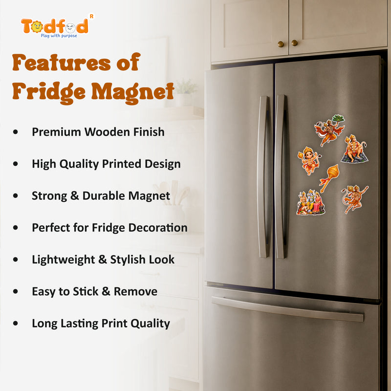 Todfod Hanumanji Fridge Magnet Set of 6 | 3 Inch Colorful Cartoon Style MDF Wood Hindu Deity Religious Souvenir