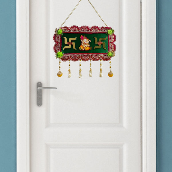 Smaran Cultural Ganesh Swastik Latkan |Handmade Traditional Decorative Hanging with Beads & Embellishments for Main Door, Wall, Pooja Room, Mandir, Festivals, Weddings