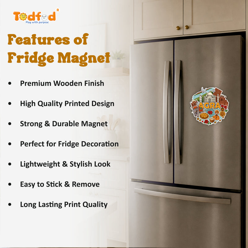 Todfod Agra Wooden Fridge Magnet | Taj Mahal & Heritage Culture Illustration | 3x3 Inch Refrigerator Decor for Home Kitchen & Gift - Todfod