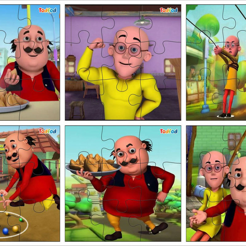 Animated character puzzle with multiple images of a cartoon character in various poses.