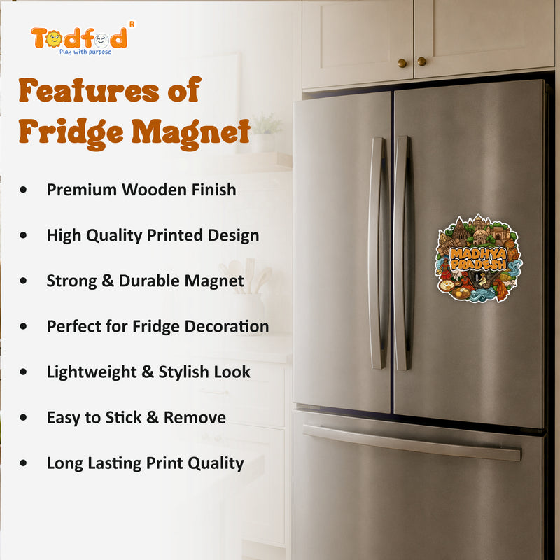 Todfod Madhya Pradesh Heritage Wooden Fridge Magnet – Temple & Culture Illustration, MP Travel Souvenir for Kitchen, Home & Gifting
