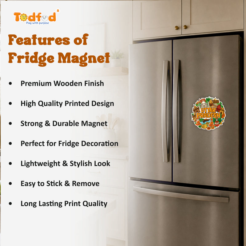 Smaran Uttar Pradesh Wooden Fridge Magnet | Taj Mahal & Cultural Illustration | 3x3 Inch Refrigerator Decor for Home Kitchen & Gift