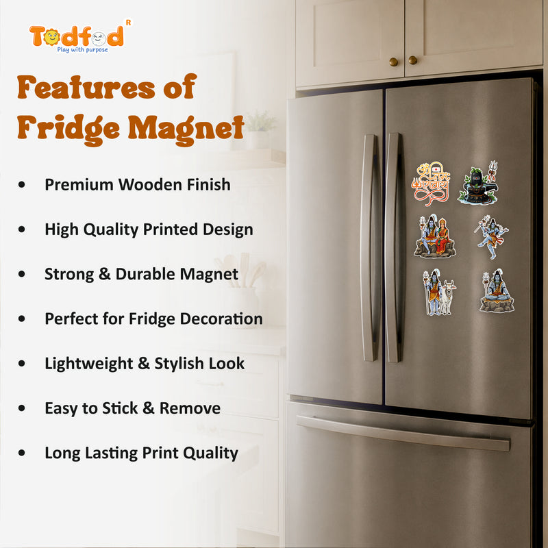 Todfod Mahadev Fridge Magnet Set of 6 | 3 Inch Colorful Cartoon Style MDF Wood Hindu Deity Religious Souvenir