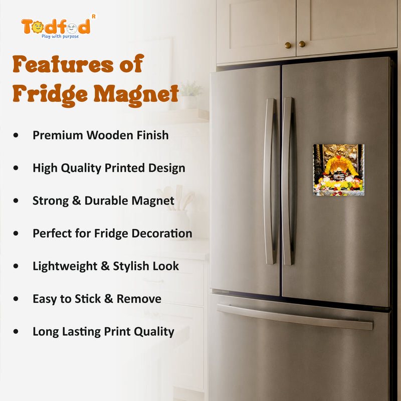 Smaran Mallikarjuna Jyotirlinga Wooden Fridge Magnet | Sacred Deity Shrine Interior with Yellow Garlands & Coconut Offerings | 3x3 Inch Spiritual Refrigerator Decor for Home Kitchen & Gift