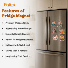 Todfod Ganesha Fridge Magnet Set of 6 | 3 Inch Colorful Cartoon Style MDF Wood Hindu Deity Religious Souvenir
