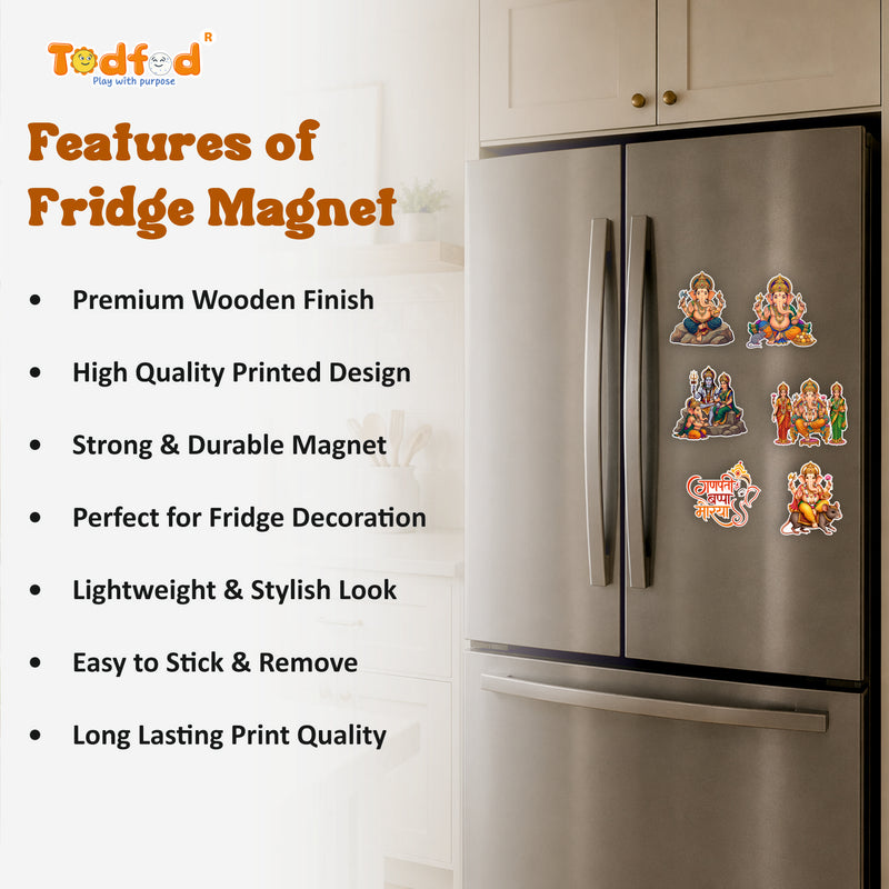 Todfod Ganesha Fridge Magnet Set of 6 | 3 Inch Colorful Cartoon Style MDF Wood Hindu Deity Religious Souvenir