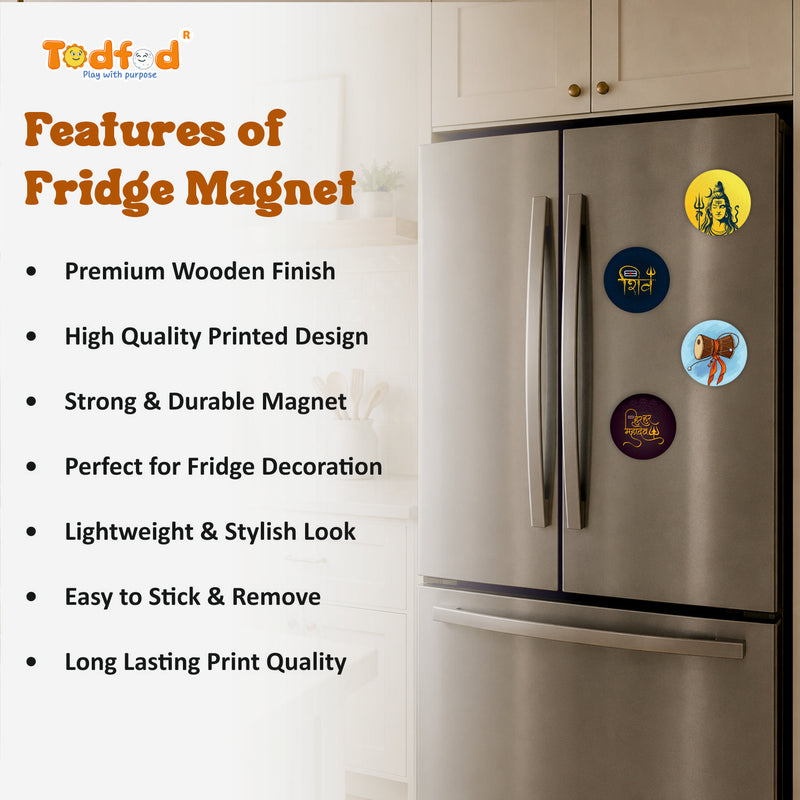 Todfod Mahadev Fridge Magnet Set of 4 | 3 Inch Lord Shiva Trishul, Damaru & Golden Shiv Mantra Circular MDF Wood Magnets