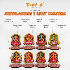 TodFod Ashtalakshmi Tealight Candle Holder Coaster Set of 8 | 3 Inch Wooden MDF Lakshmi Diya Stand for Diwali Pooja Home Decor