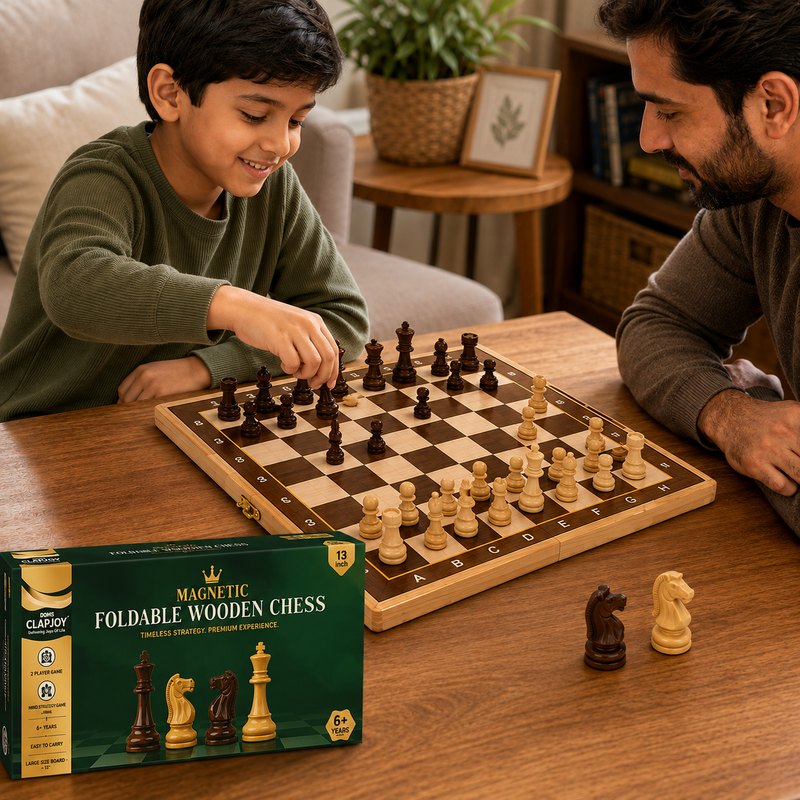 Magnetic Foldable Wooden Chess Set 13 Inch | Premium Wooden Chess Board with Magnetic Chess Pieces | Portable 2 Player Strategy Game for Kids & Adults