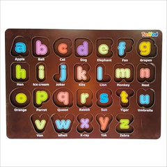 Alphabet puzzle with colorful letters and definitions on a brown board, branded 'Todfod'.