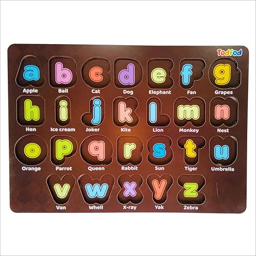 Alphabet puzzle with colorful letters and definitions on a brown board, branded 'Todfod'.