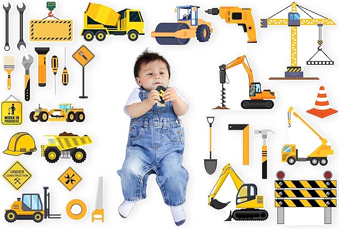 Todfod Construction Digital Backdrops (30+ Props) | Builder Theme Digital Backdrops for Baby Photoshoot, Kids Photography & Editing