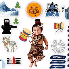 Child in Shiva costume with Shiva illustrations and names on a white background