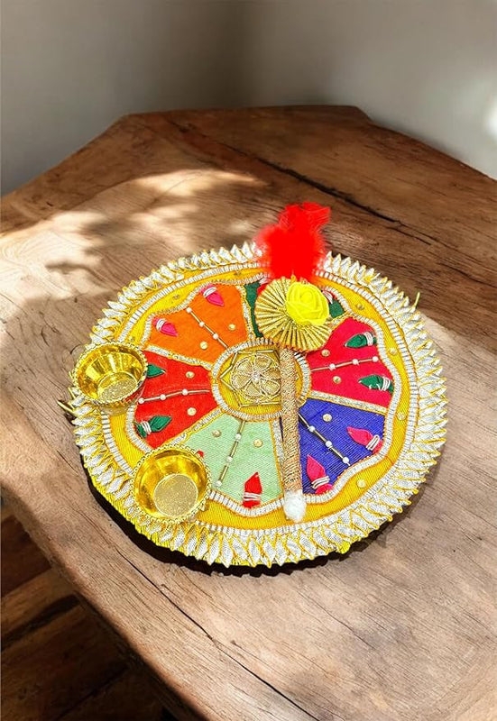 Decorative colorful round item on a wooden surface