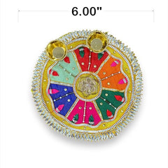 Decorative colorful wheel with gold accents and measurements on a white background