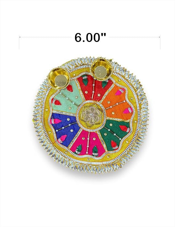 Decorative colorful wheel with gold accents and measurements on a white background