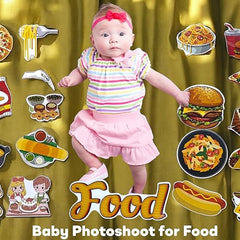 Baby in a photoshoot with food-themed props on a gold background