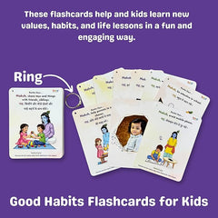 Set of flashcards for kids with illustrations and text on a purple background
